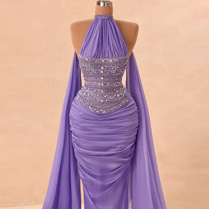 Fitted Beaded Prom Dress Purple Sheath Formal Wear Halter Neck Evening Dress AP6689