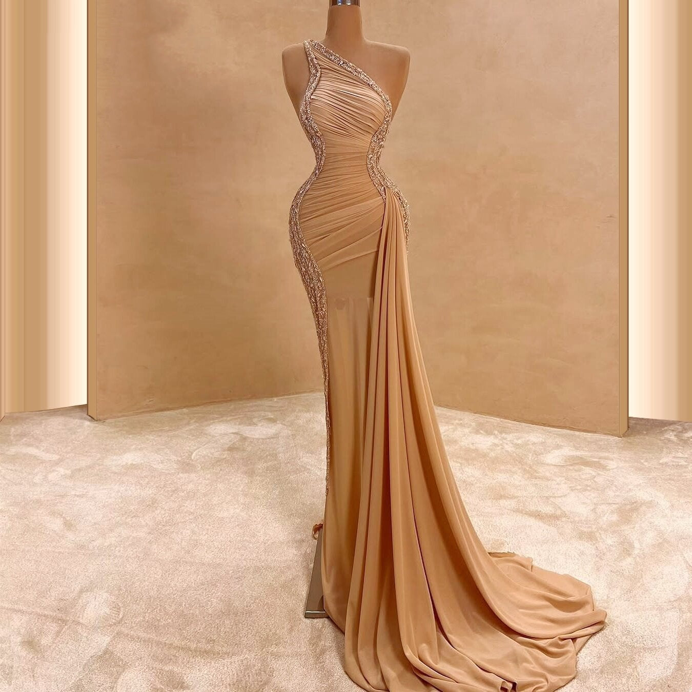 Flattering One Shoulder Prom Dress Inspo Sheath Long Dress Crystals Sequins Formal Outfits AP6690