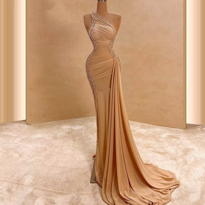 Flattering One Shoulder Prom Dress Inspo Sheath Long Dress Crystals Sequins Formal Outfits AP6690