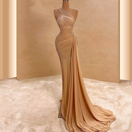 Flattering One Shoulder Prom Dress Inspo Sheath Long Dress Crystals Sequins Formal Outfits AP6690
