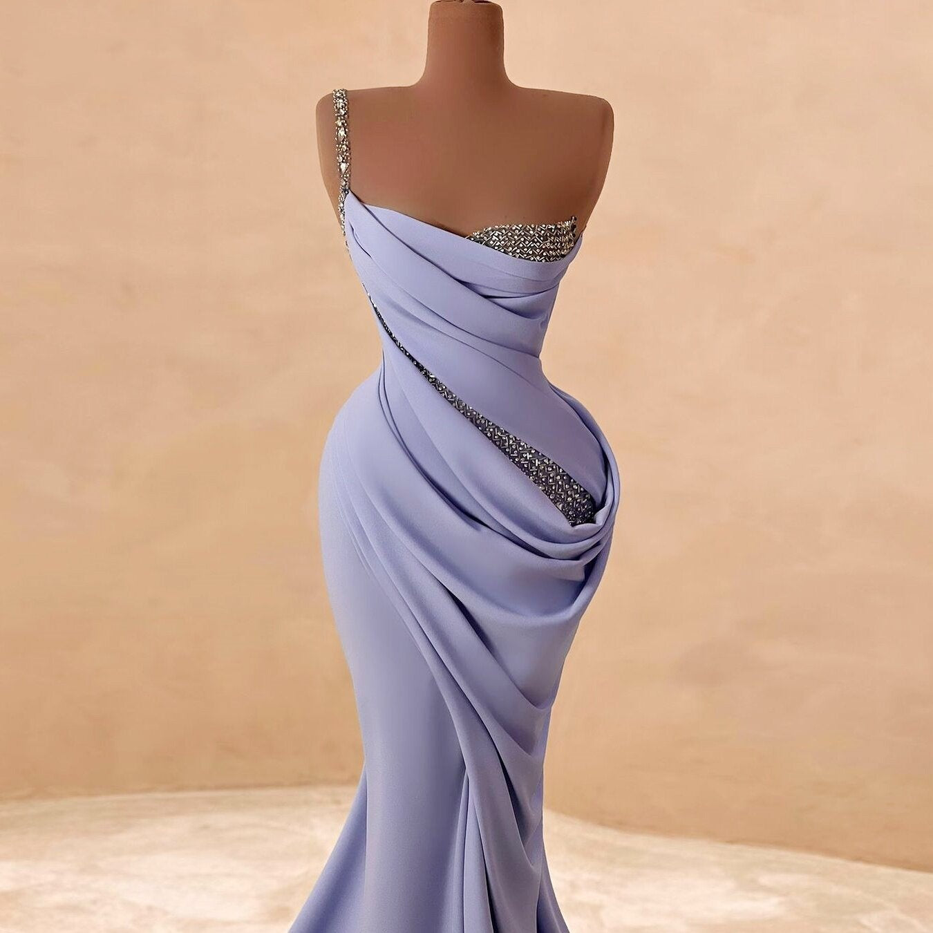 Trendy One Shoulder Pastel Purple Prom Dress Draped Mermaid Evening Dress Beaded Formal Outfits AP6691
