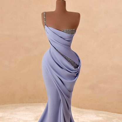Trendy One Shoulder Pastel Purple Prom Dress Draped Mermaid Evening Dress Beaded Formal Outfits AP6691