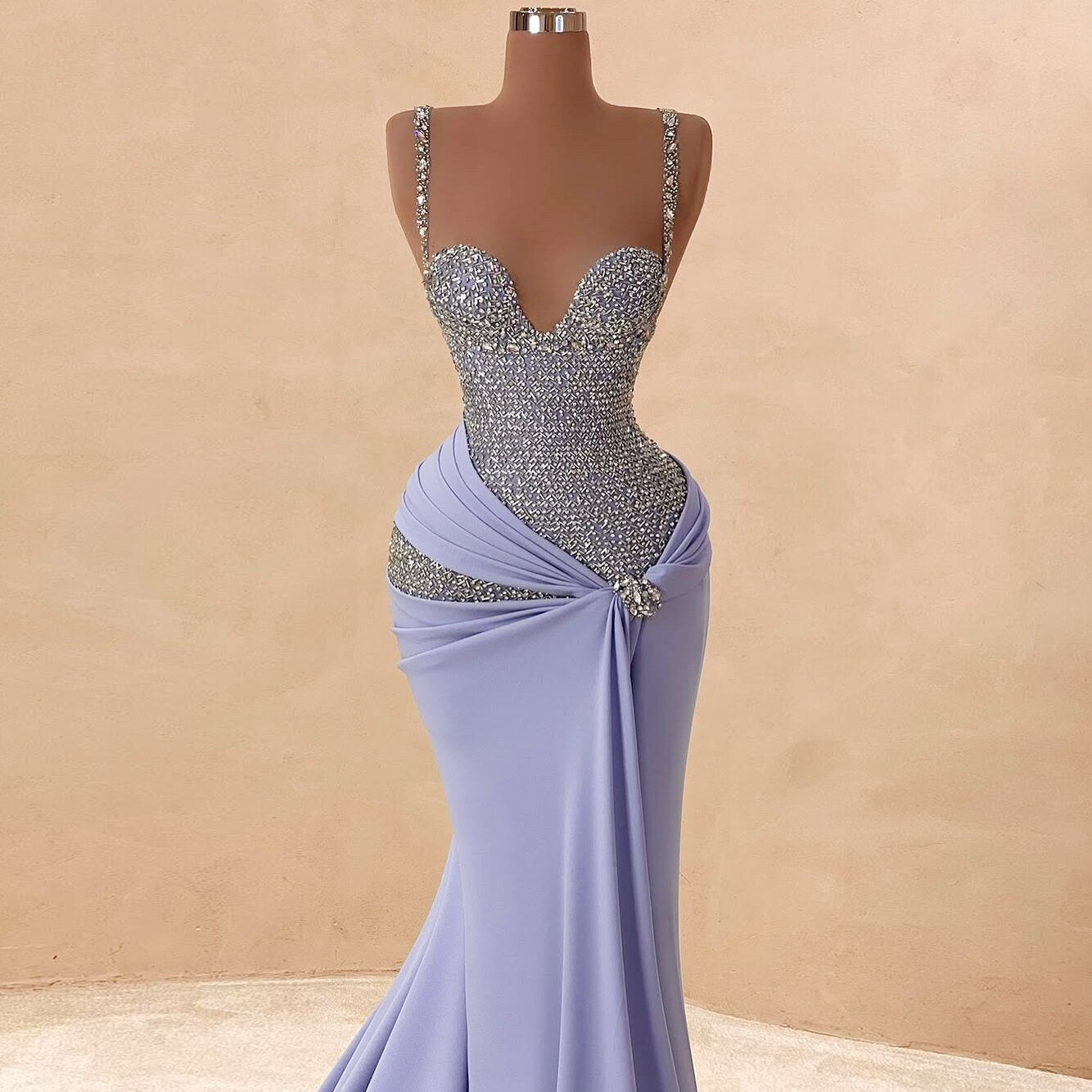 Attractive Lavender Prom Dresses Long Spaghetti Strap Beaded Mermaid Evening Dresses AP6692