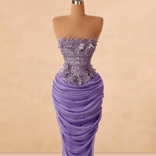 Sexy Purple Prom Dress Aesthetic Strapless Sheath Evening Outfit Appliques Beaded Formal Dress AP6693