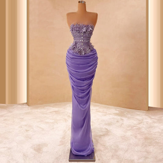 Sexy Purple Prom Dress Aesthetic Strapless Sheath Evening Outfit Appliques Beaded Formal Dress AP6693