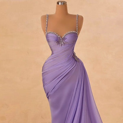 Vogue Spaghetti Strap Purple Prom Dresses Beads Appliques Formal Outfits Sheath Evening Dress AP6694