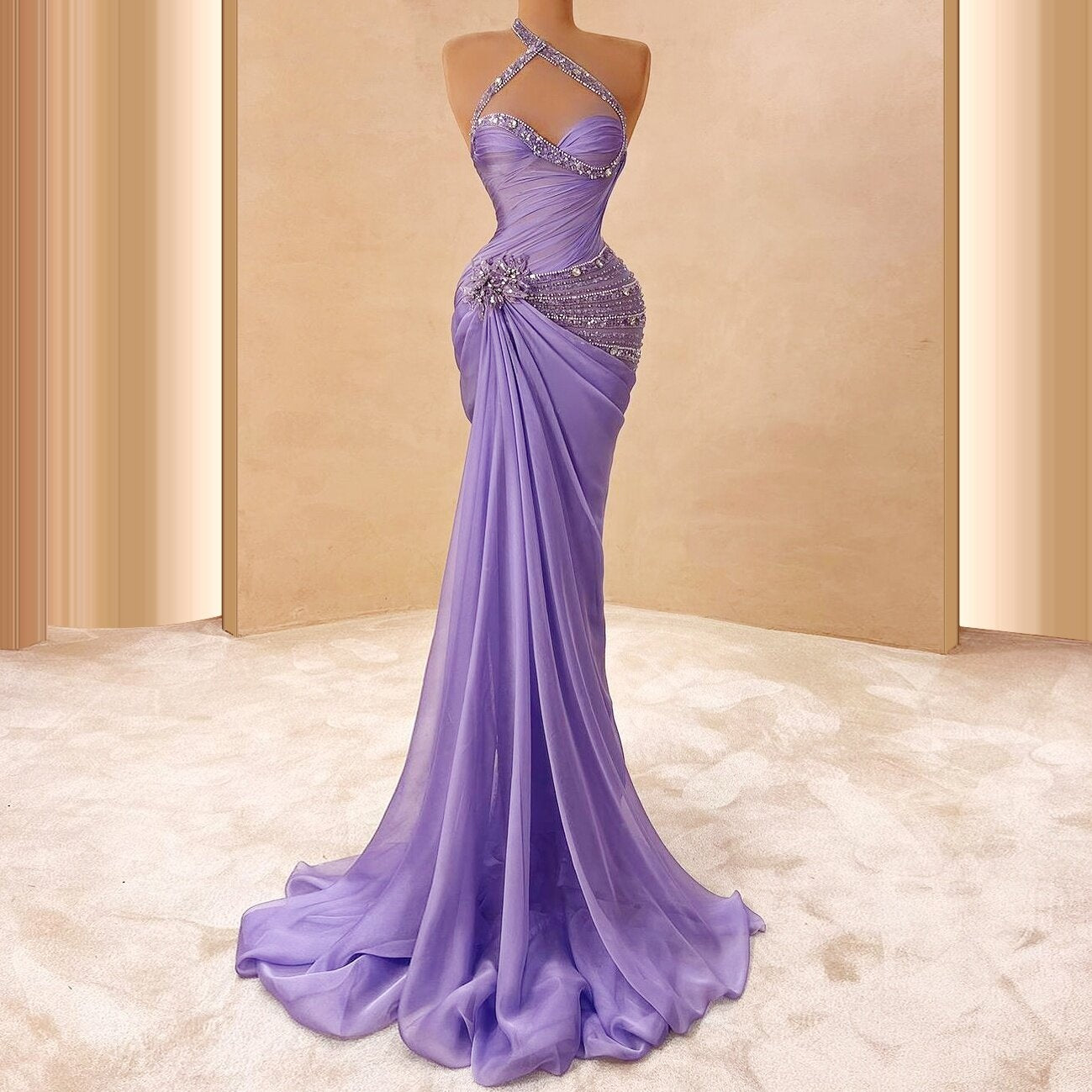 Glittering One Shoulder Prom Dress Purple Appliques Evening Outfit Beaded Mermaid Formal Dress AP6695
