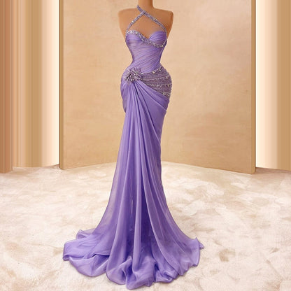 Glittering One Shoulder Prom Dress Purple Appliques Evening Outfit Beaded Mermaid Formal Dress AP6695