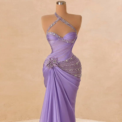 Glittering One Shoulder Prom Dress Purple Appliques Evening Outfit Beaded Mermaid Formal Dress AP6695
