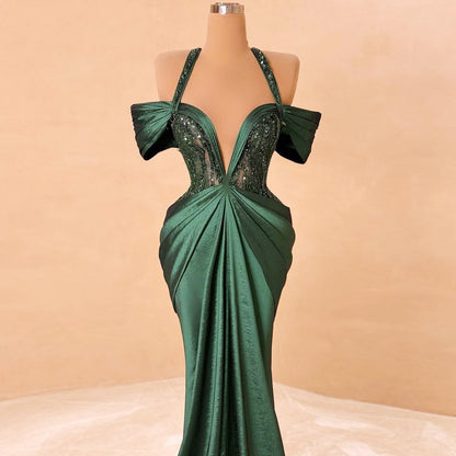 Modern Off-Shoulder Green Prom Dress Inspo Sheath Evening Outfit Sequins Formal Dress AP6696