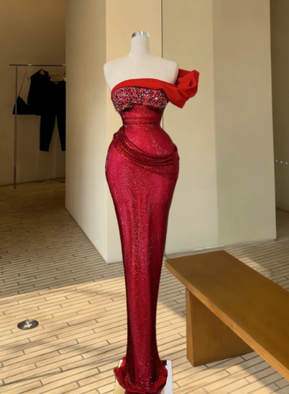 Red One Shoulder Prom Dress Princess Sheath Evening Dress Sequins Beaded Formal Outfits AP6697