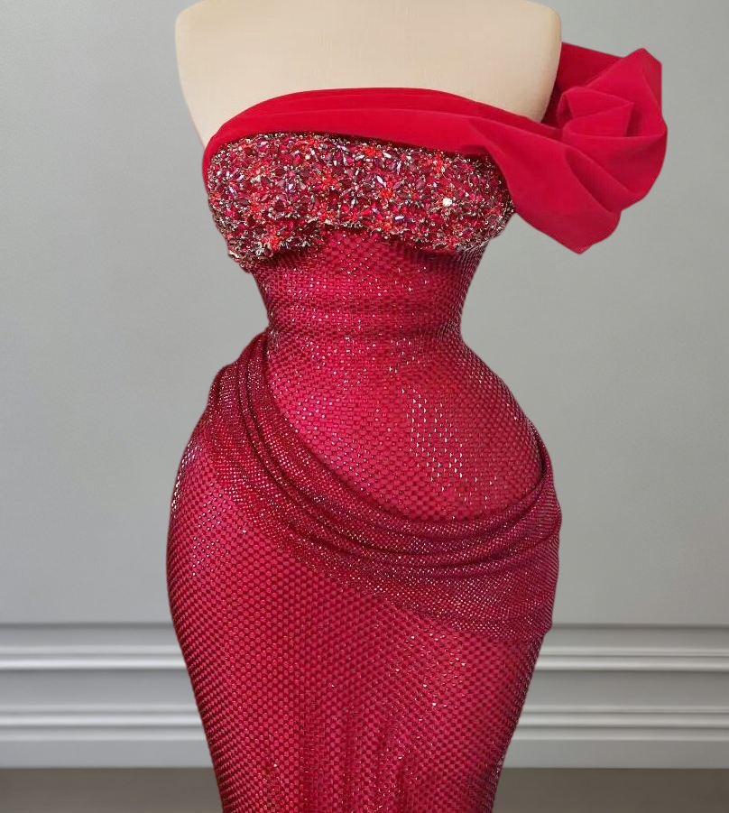 Red One Shoulder Prom Dress Princess Sheath Evening Dress Sequins Beaded Formal Outfits AP6697