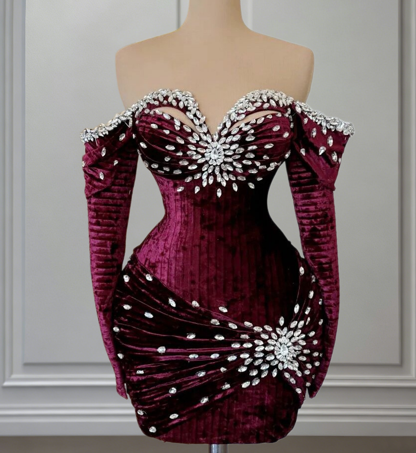 Pretty Off-Shoulder Homecoming Dress Plum Sheath Hoco Outfits Long Sleeve Crystals Birthday Dress AP6698