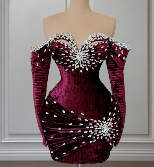 Pretty Off-Shoulder Homecoming Dress Plum Sheath Hoco Outfits Long Sleeve Crystals Birthday Dress AP6698