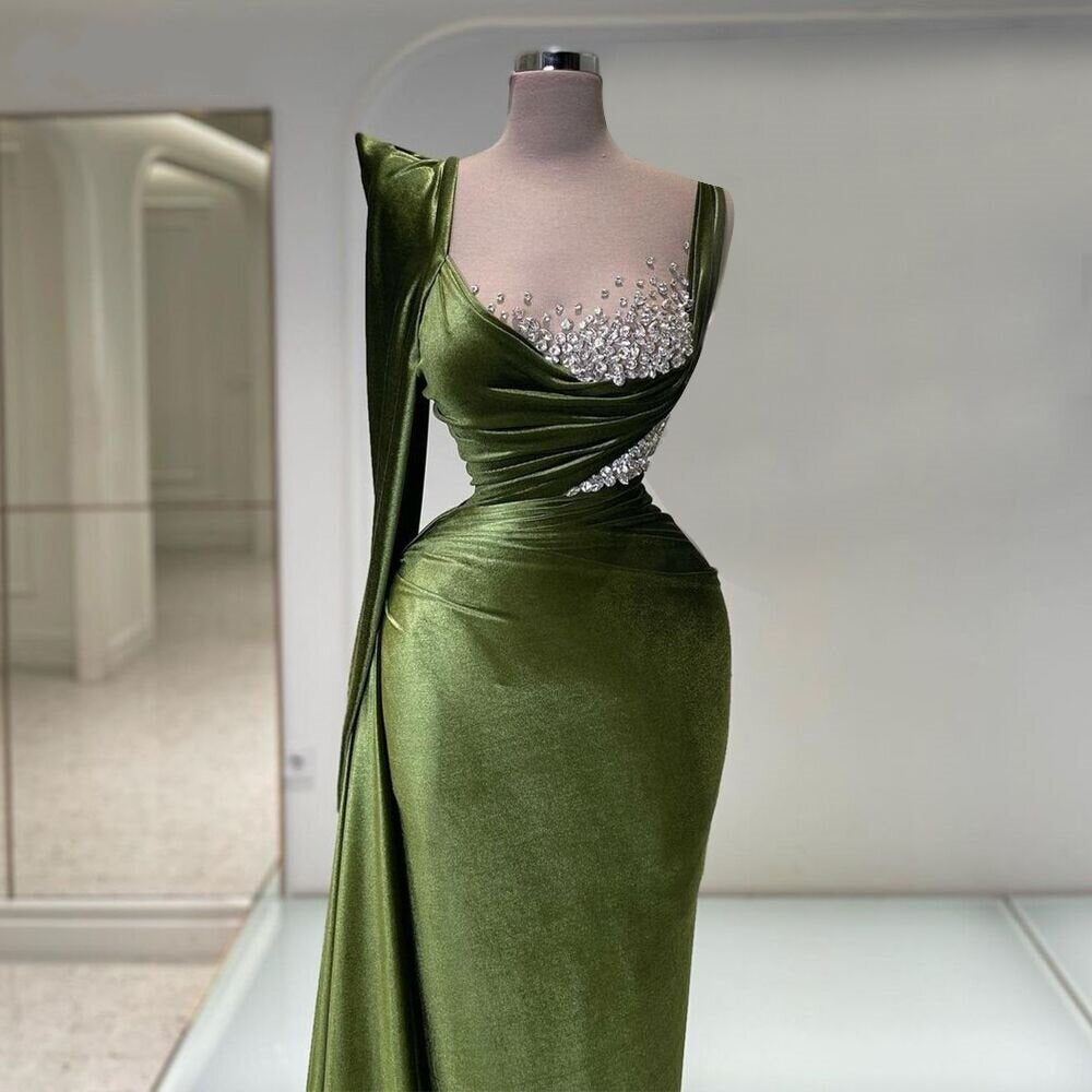 Delicate Crystals Green Prom Dress Long Sleeve Illusion Neck Sheath Evening Dress AP6700