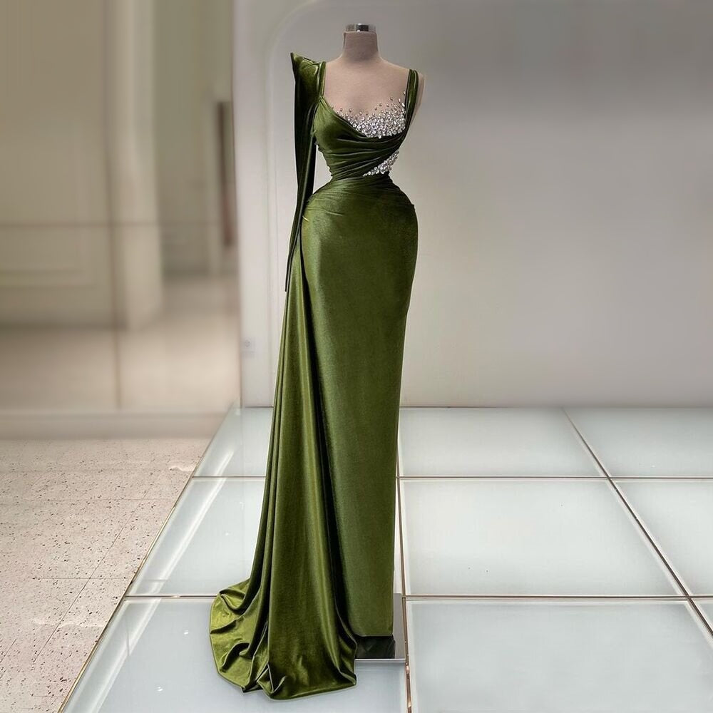 Delicate Crystals Green Prom Dress Long Sleeve Illusion Neck Sheath Evening Dress AP6700