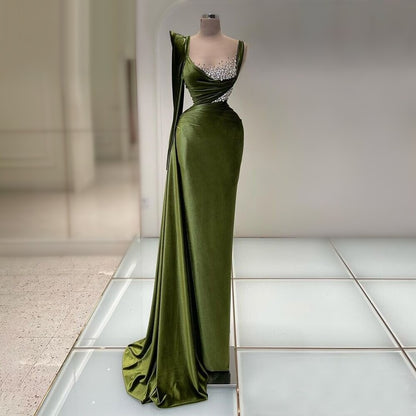 Delicate Crystals Green Prom Dress Long Sleeve Illusion Neck Sheath Evening Dress AP6700