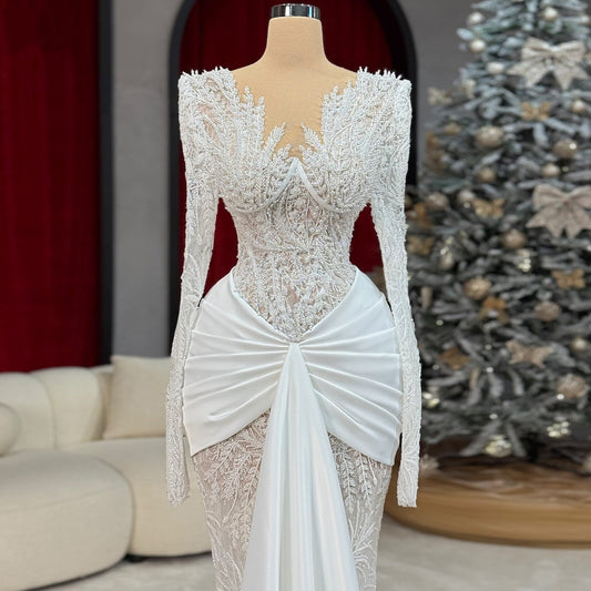 Gen Z Style V Neck Beaded Wedding Dress Mermaid Long Sleeve Bridal Outfits AP6701