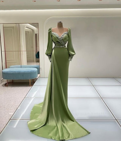Casual Green Prom Dress Long Sleeve Beaded Sheath Evening Dress AP6702
