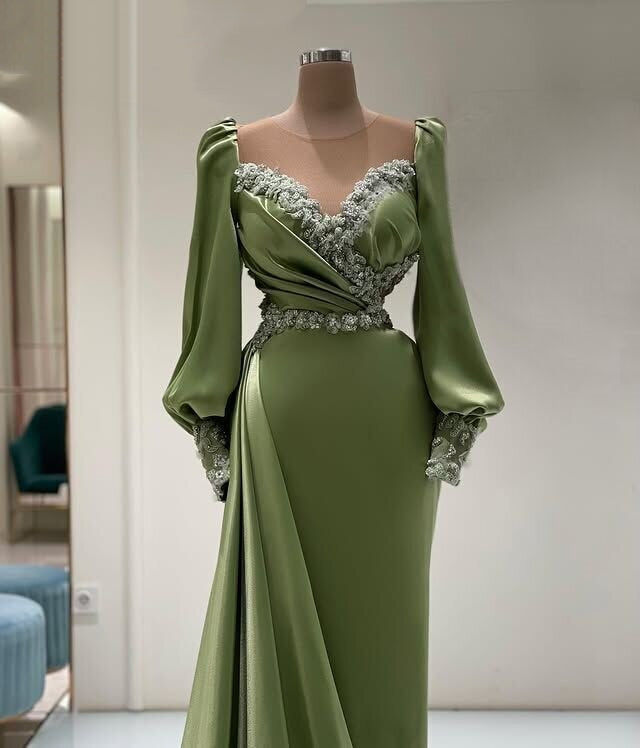 Casual Green Prom Dress Long Sleeve Beaded Sheath Evening Dress AP6702