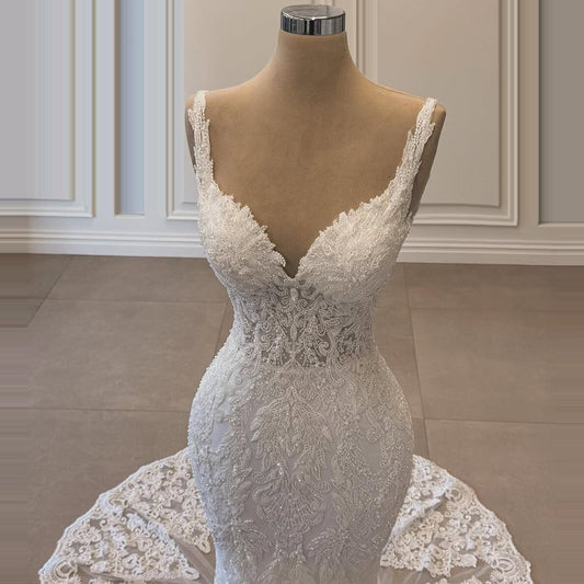 Retro Appliques Wedding Dress Beaded Mermaid Wedding Reception Dress Spaghetti Strap Bridal Gown AP6704