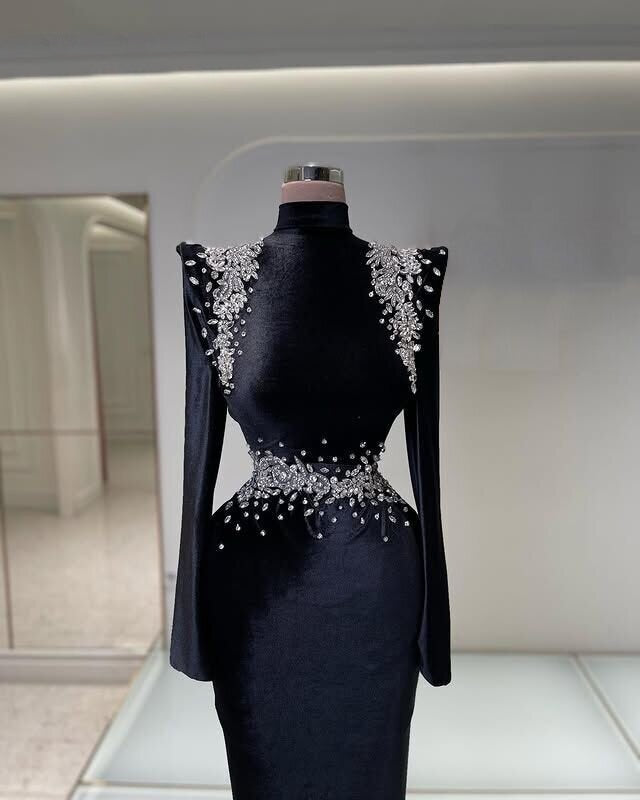 Gothic Style High Collar Prom Dress Black Long Sleeve Mermaid Crystals Evening Dress AP6705
