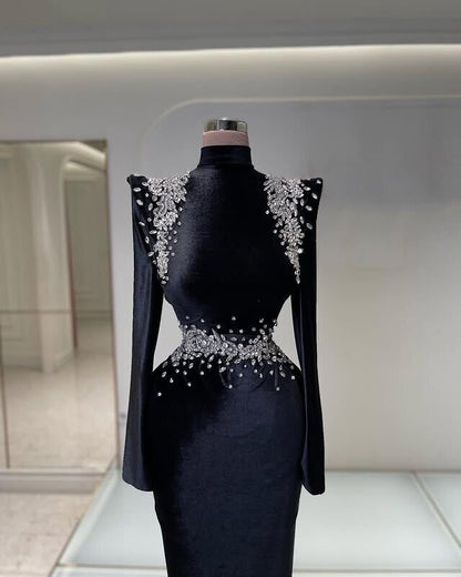 Gothic Style High Collar Prom Dress Black Long Sleeve Mermaid Crystals Evening Dress AP6705