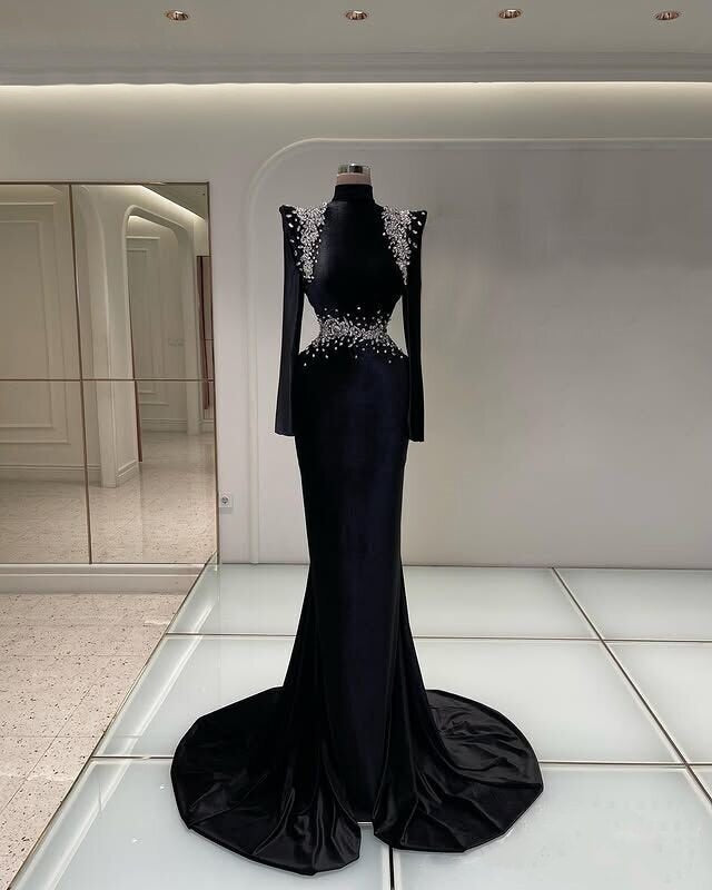Gothic Style High Collar Prom Dress Black Long Sleeve Mermaid Crystals Evening Dress AP6705