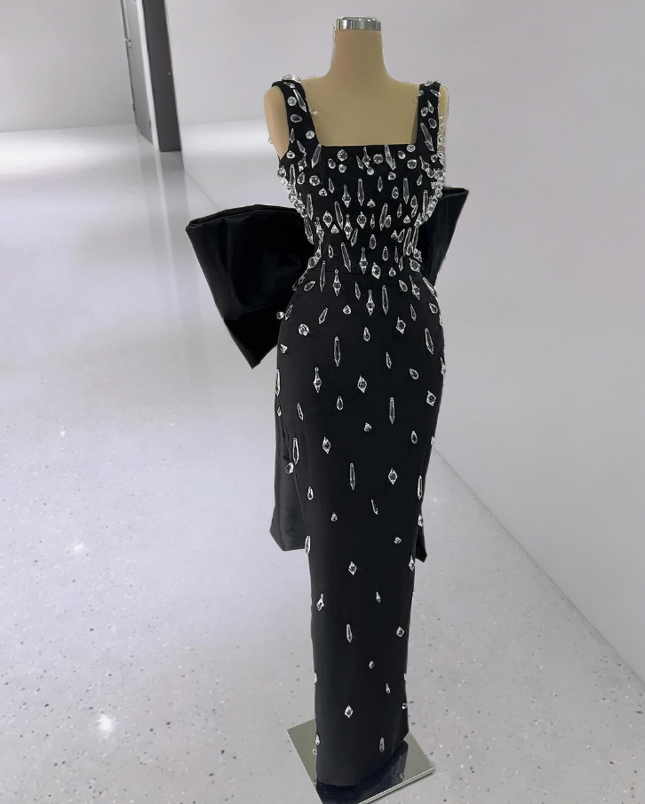 Hot Girls Spaghetti Strap Black Prom Dresses Inspo Sheath Formal Outfits Crystals Bow Evening Dress AP6706