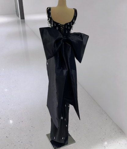 Hot Girls Spaghetti Strap Black Prom Dresses Inspo Sheath Formal Outfits Crystals Bow Evening Dress AP6706