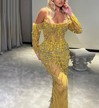 New Tendency Off-Shoulder Prom Dress Yellow Long Sleeve Evening Outfits Sheath Beaded Formal Dress AP6707