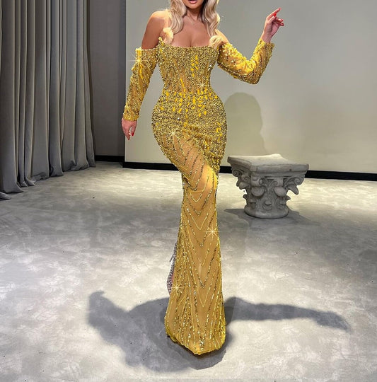 New Tendency Off-Shoulder Prom Dress Yellow Long Sleeve Evening Outfits Sheath Beaded Formal Dress AP6707