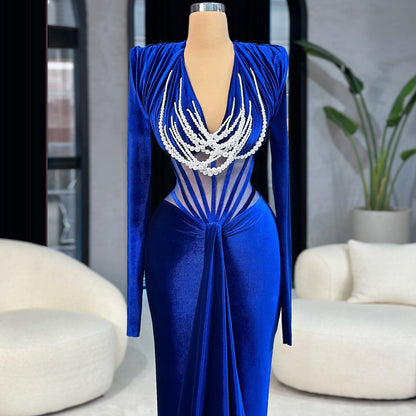 Boho Style Royal Blue Prom Dress V Neck Long Sleeve Evening Outfits Sheath Beading Formal Dress AP6708