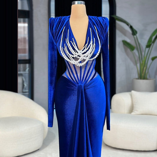 Boho Style Royal Blue Prom Dress V Neck Long Sleeve Evening Outfits Sheath Beading Formal Dress AP6708