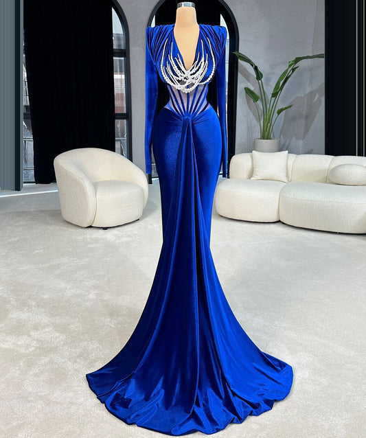 Boho Style Royal Blue Prom Dress V Neck Long Sleeve Evening Outfits Sheath Beading Formal Dress AP6708