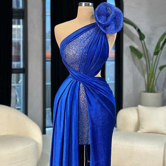 Fairy Royal Blue Prom Dress One Shoulder Sheath Evening Dress Sequins Applique Formal Outfits AP6709