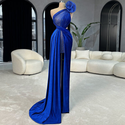 Fairy Royal Blue Prom Dress One Shoulder Sheath Evening Dress Sequins Applique Formal Outfits AP6709