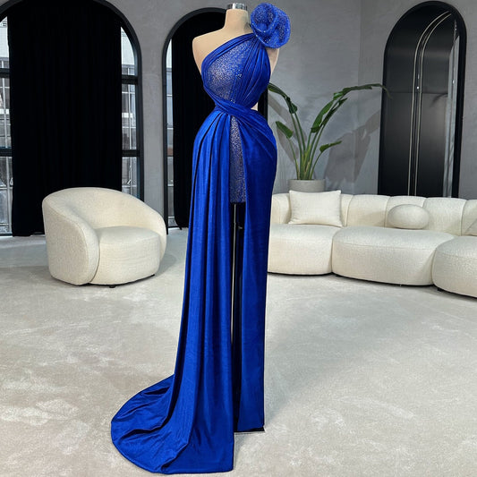 Fairy Royal Blue Prom Dress One Shoulder Sheath Evening Dress Sequins Applique Formal Outfits AP6709