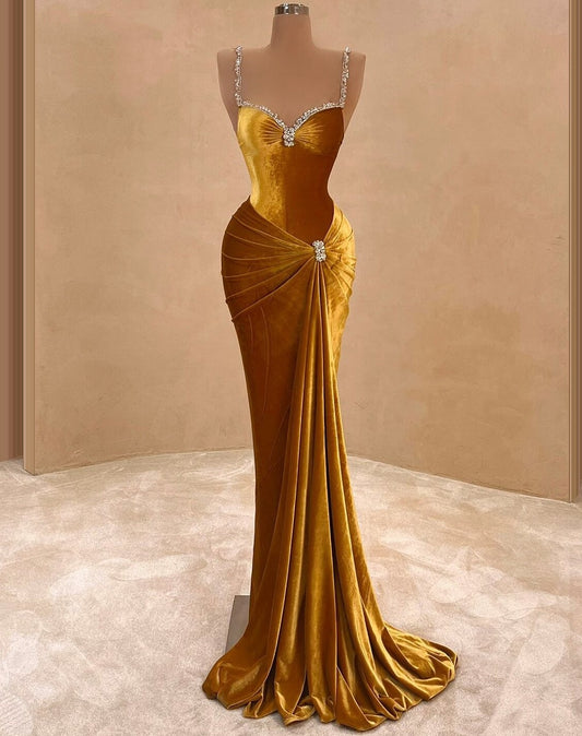 Exquisite Spaghetti Strap Gold Prom Dresses Beaded Sheath Custom Formal Dress AP6710