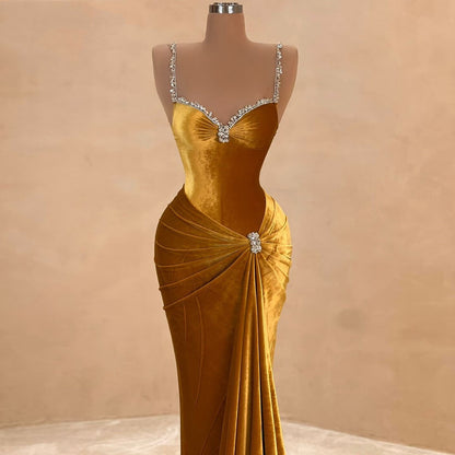 Exquisite Spaghetti Strap Gold Prom Dresses Beaded Sheath Custom Formal Dress AP6710
