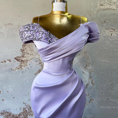 Refined Lilac Purple Prom Dress Off-the-Shoulder Mermaid Beading Evening Gown AP6712