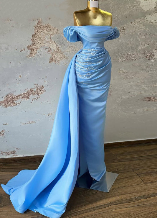 Beautiful Sheath Light Blue Prom Dress Off-the-Shoulder Sequins Evening Dress AP6713
