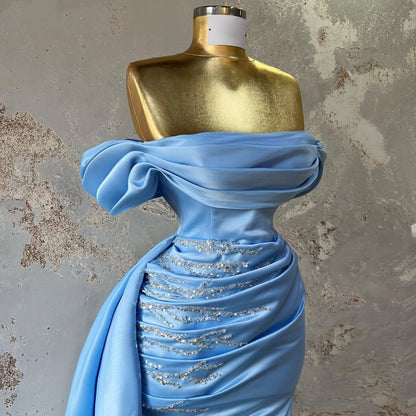 Beautiful Sheath Light Blue Prom Dress Off-the-Shoulder Sequins Evening Dress AP6713