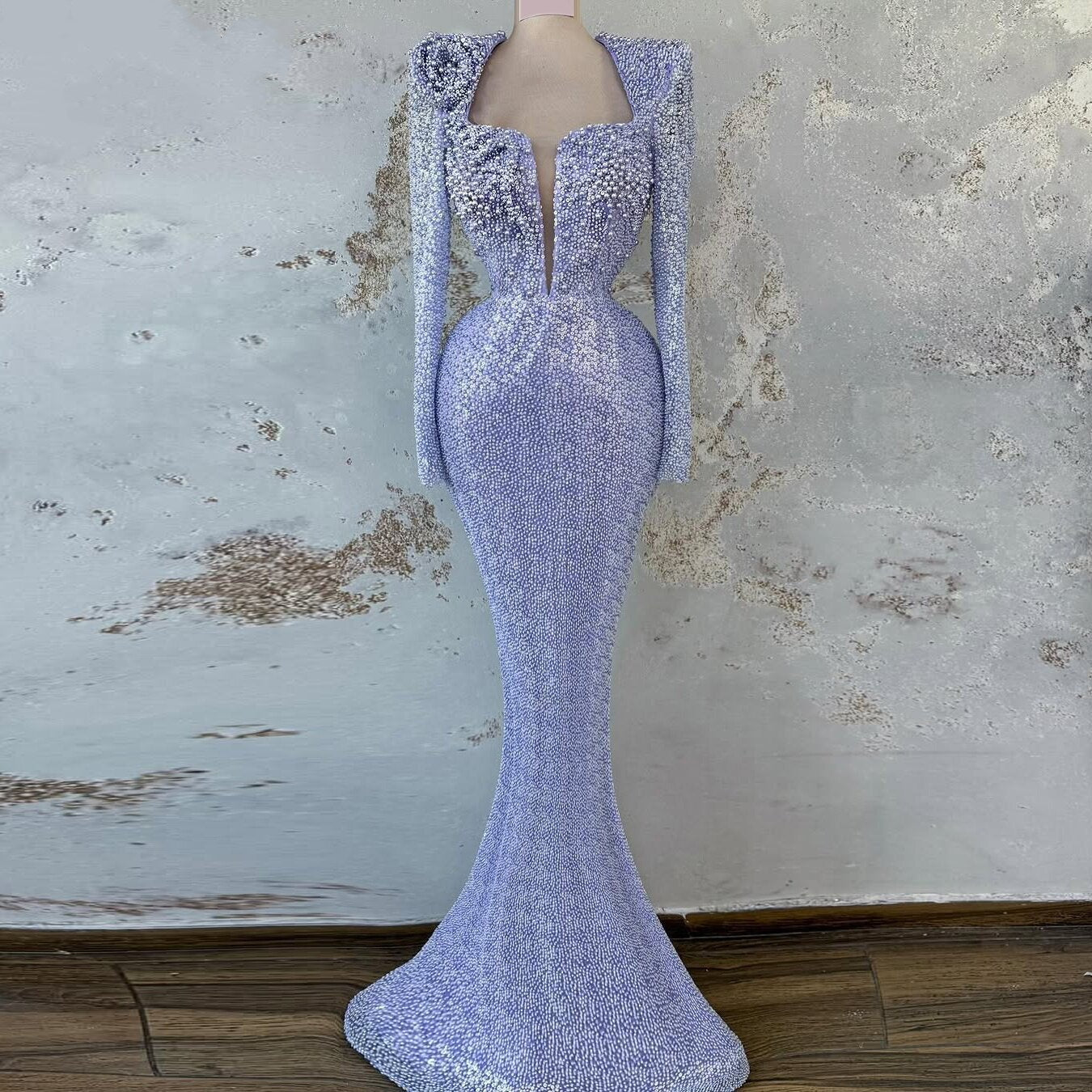 Enchanting Square Neck Purple Prom Dress Long Sleeve Mermaid Evening Outfits Beaded Sequins Formal Dress AP6714