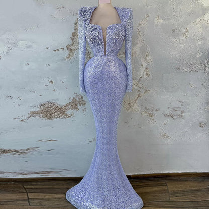 Enchanting Square Neck Purple Prom Dress Long Sleeve Mermaid Evening Outfits Beaded Sequins Formal Dress AP6714