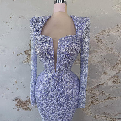 Enchanting Square Neck Purple Prom Dress Long Sleeve Mermaid Evening Outfits Beaded Sequins Formal Dress AP6714