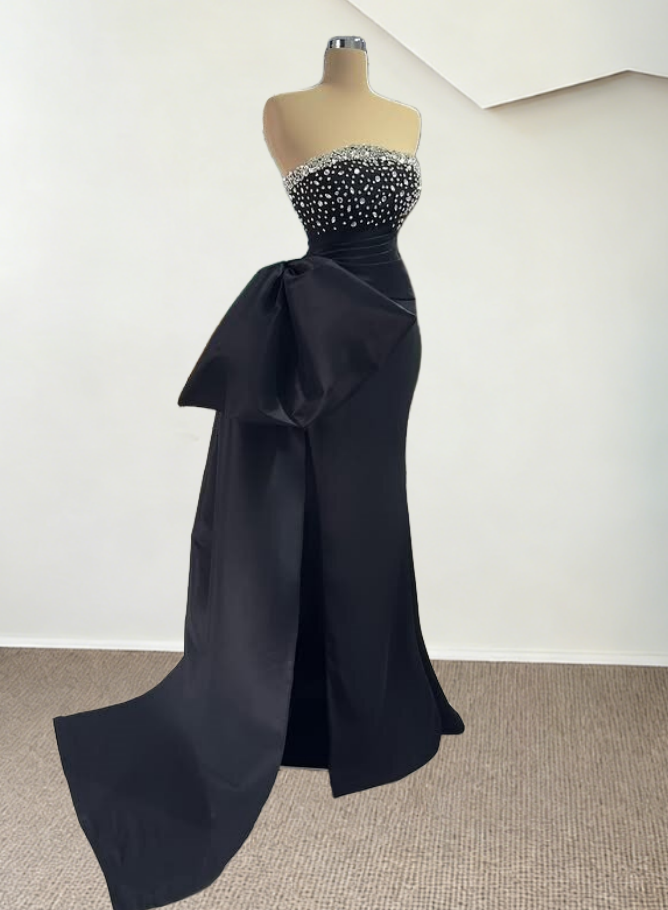 Wonderful Strapless Black Prom Dress Bow Crystals Mermaid Evening Dresses AP6716