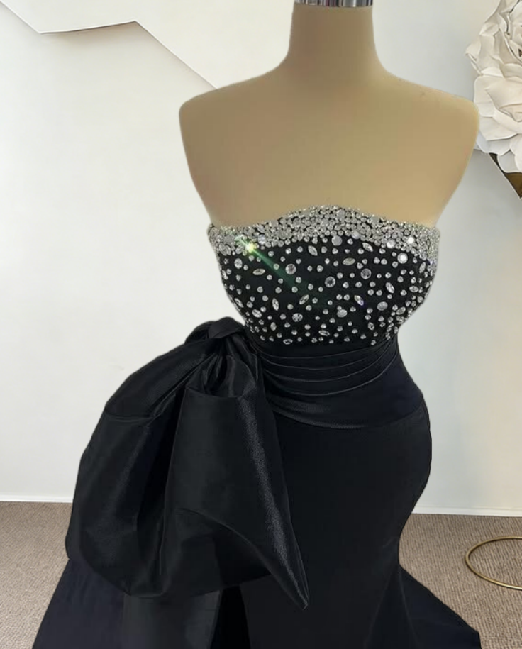 Wonderful Strapless Black Prom Dress Bow Crystals Mermaid Evening Dresses AP6716