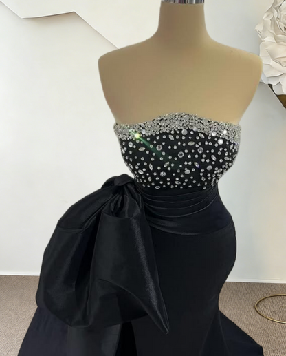 Wonderful Strapless Black Prom Dress Bow Crystals Mermaid Evening Dresses AP6716