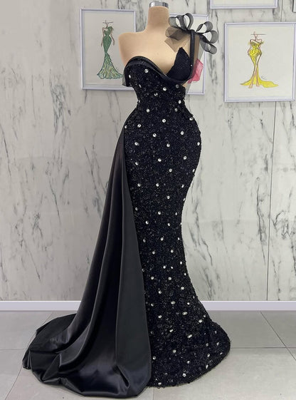 Amazing One Shoulder Black Prom Dress Sequins Mermaid Crystals Evening Dresses AP6717